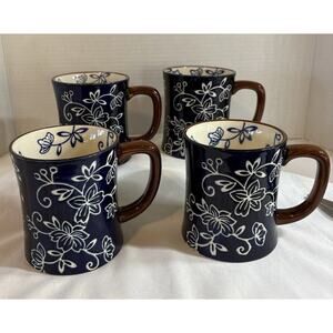 Temptations By Tara Cobalt Blue Floral Lace 16oz Mugs Set of 4
